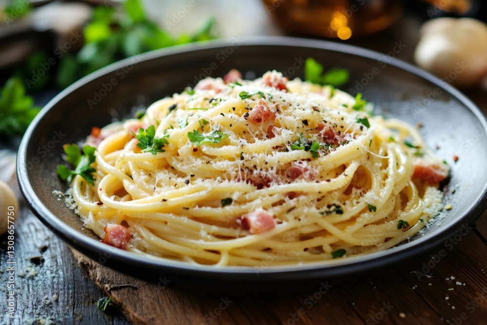 Delicious pasta carbonara with ham, cheese, and parsley sprinkled on top Delicious pasta carbonara with ham, cheese, and parsley sprinkled on top