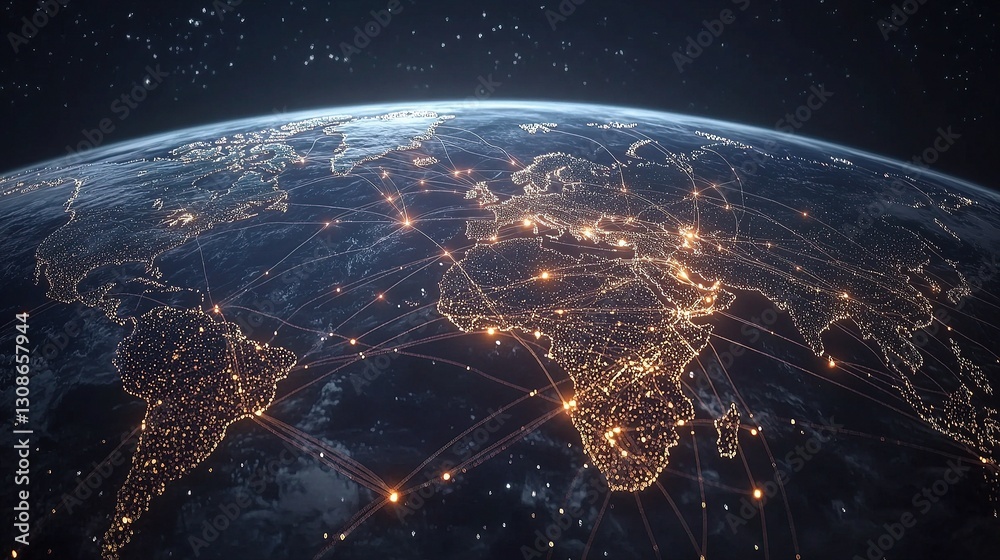 Naklejka premium Digital Representation of a Global Network with Bright Connections