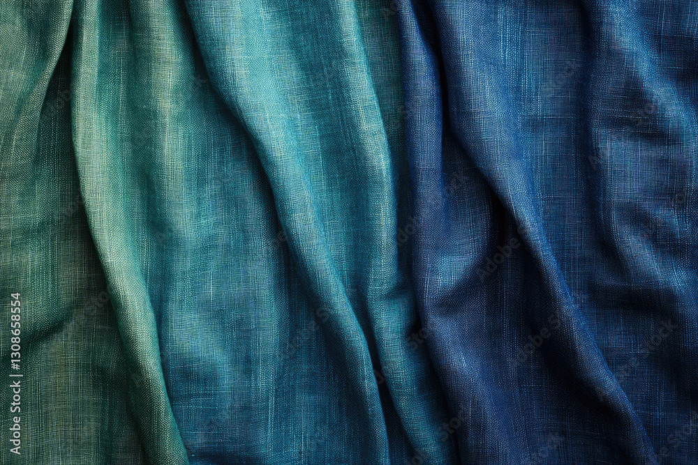 Textured fabric in shades of teal and blue, showing gradient effect and draped folds. Textured fabric in shades of teal and blue, showing gradient effect and draped folds.