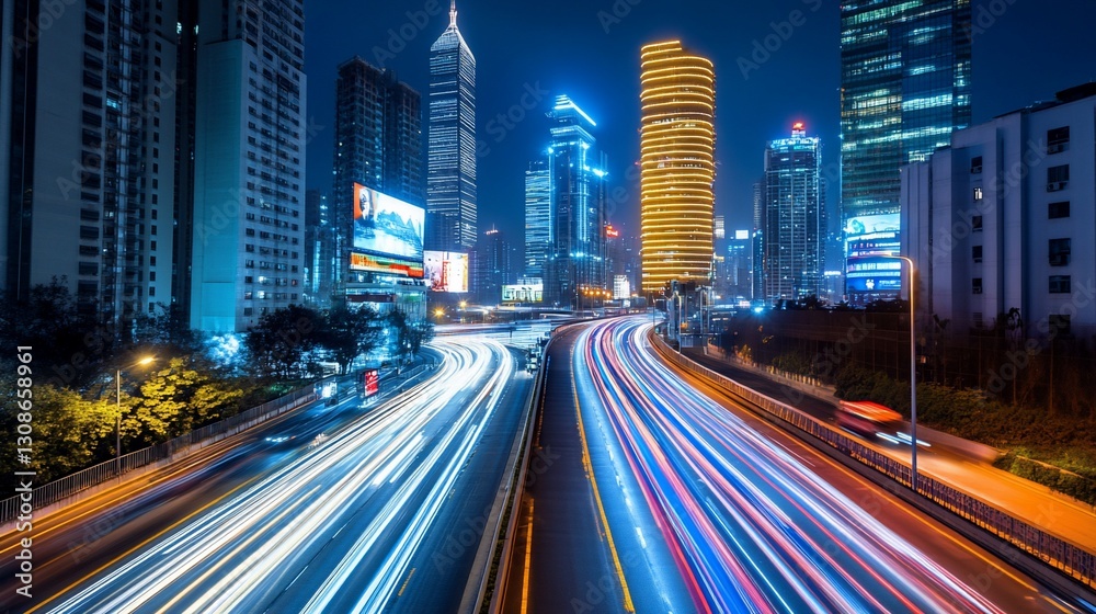 Night cityscape with light trails of speeding cars on a highway. Night cityscape with light trails of speeding cars on a highway.