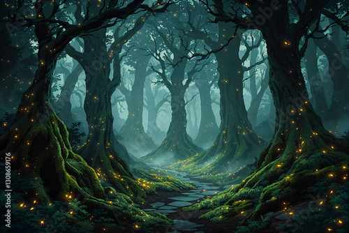 Enchanted forest with glowing fireflies and winding stone path amidst ancient trees.