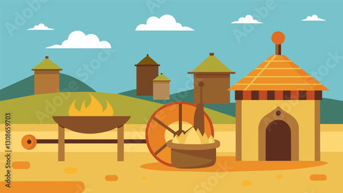 The steady hum of a horsedrawn mill could be heard in a remote village in India where ancient techniques were still used to extract oil from sesame. Vector illustration