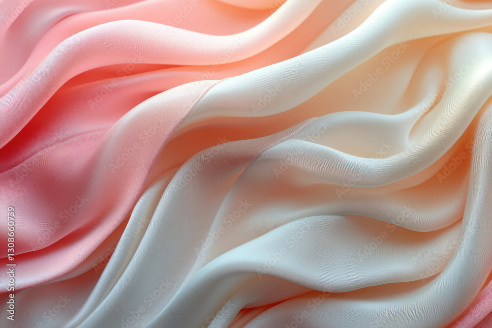 Fototapeta premium Soft, flowing fabric in pastel pink and white ombre, creating elegant, wavy texture.