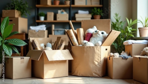 Boxes overflowing with assorted household items, ready for sale , house, home, garden