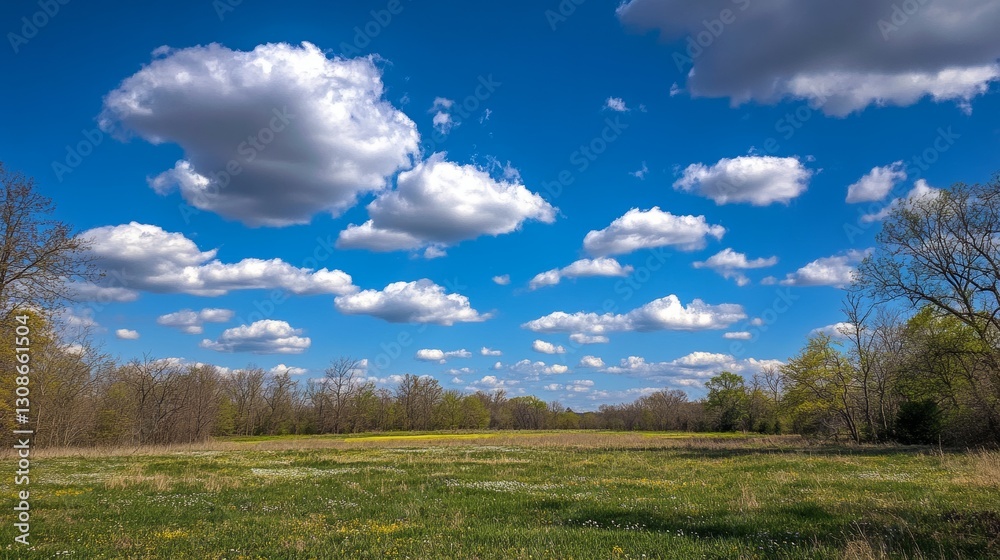 A beautiful, bright blue sky with fluffy white clouds.  A calm, sunny scene, perhaps spring or summer.
