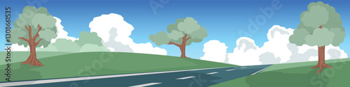 Landscape view of an asphalt road stretching into the distance. Atop a verdant lushly colored grassy hill. A blue sky dotted with white clouds.