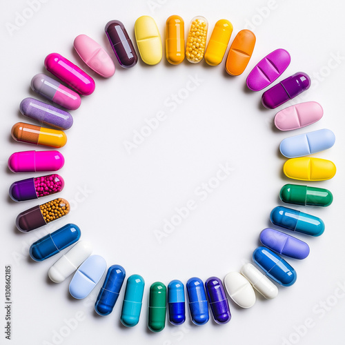 Aerial view of vitamin capsules arranged in circular pattern around empty center space, on white background