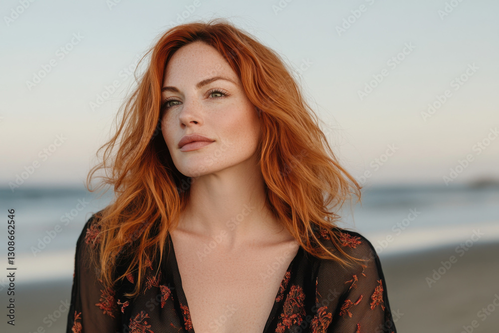 Beautiful redhead model posing on beach at sunset Beautiful redhead model posing on beach at sunset