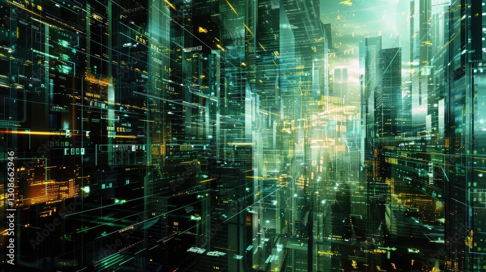 Fototapeta premium Abstract picture with digital style scenery, high tech building scatter around glow fantasy neon light. Cyberspace scene with technology design construction perfect for futuristic style design. AIG53.