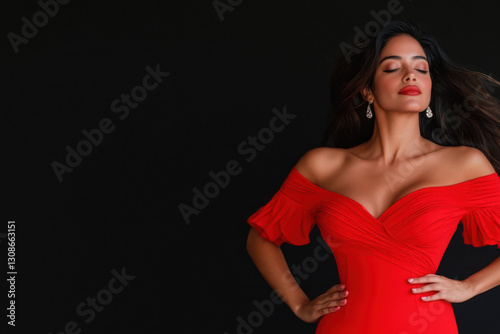 Fashion model posing in red dress with closed eyes and flowing hair
