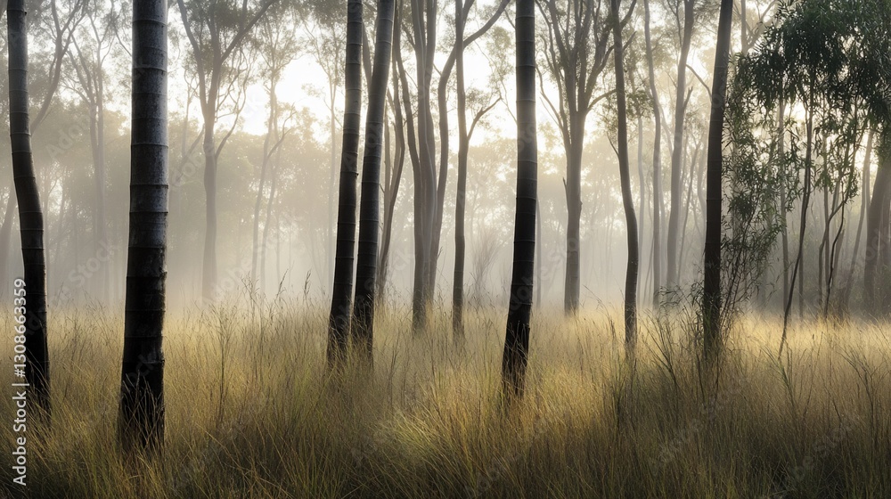 Misty sunrise in a forest with tall trees and golden grass. Misty sunrise in a forest with tall trees and golden grass.