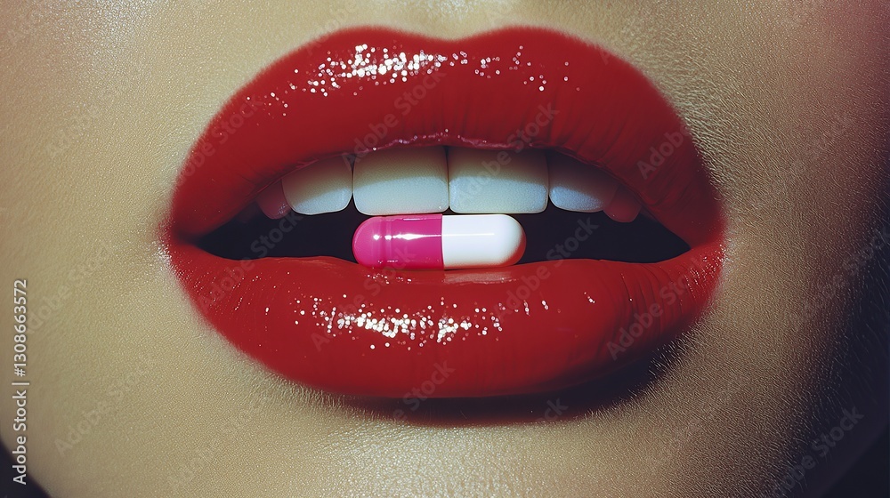 Obraz premium Glossy Red Lips Holding Red and Pink Capsule Pill