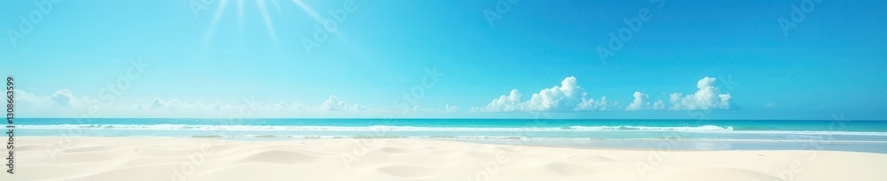 Expansive empty beach, vivid blue sky overhead Fine white sand, warm sunlight , idyllic, travel Expansive empty beach, vivid blue sky overhead Fine white sand, warm sunlight , idyllic, travel