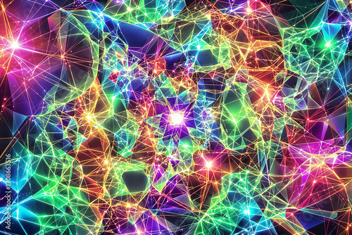 Vibrant abstract geometric pattern with interconnected neon lights and polygonal shapes.
