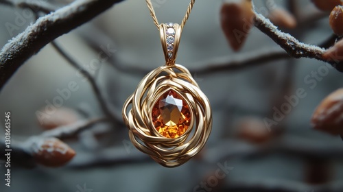 Elegant golden necklace featuring a teardrop orange gemstone surrounded by entwined golden strands. photo