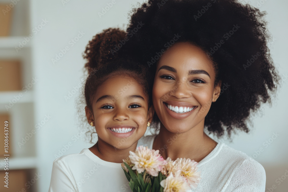 Happy mother and daughter smiling and holding flowers Happy mother and daughter smiling and holding flowers