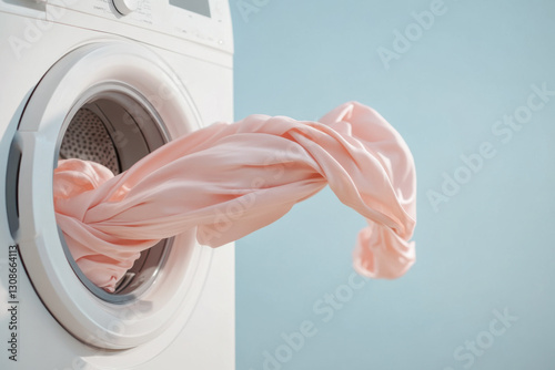 Washing machine washing pink clothes on blue background
