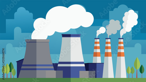 Thick plumes of steam rise from the cooling towers of the incinerator a byproduct of the energy generation process.. Vector illustration