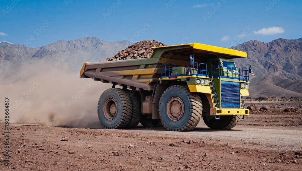 A massive dump truck works diligently at a construction site, carrying a load of dirt along a rugged path with mountains looming in the background under a clear blue sky A massive dump truck works diligently at a construction site, carrying a load of dirt along a rugged path with mountains looming in the background under a clear blue sky