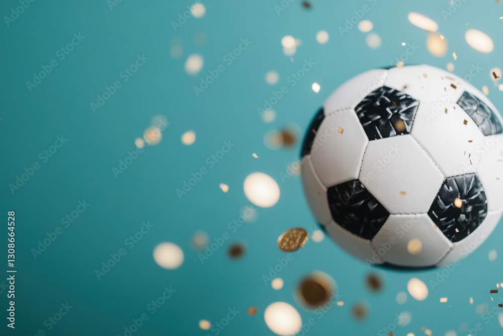 Obraz premium Soccer ball floating on turquoise background with falling golden confetti