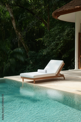 Relaxing lounger by infinity pool overlooking tropical rainforest