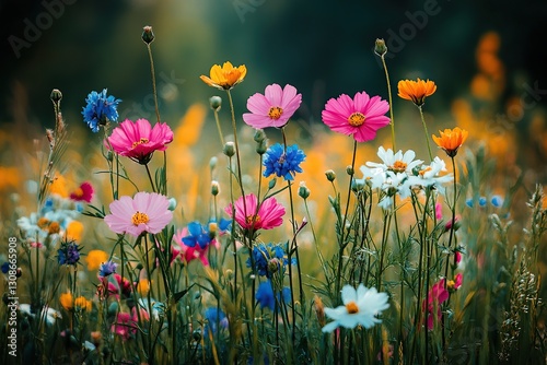 Vibrant Wildflower Meadow in Full Bloom with Diverse Color Palette
