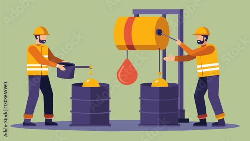 Workers using a special machine to open and empty barrels of oil with the product flowing into a nearby holding tank.. Vector illustration