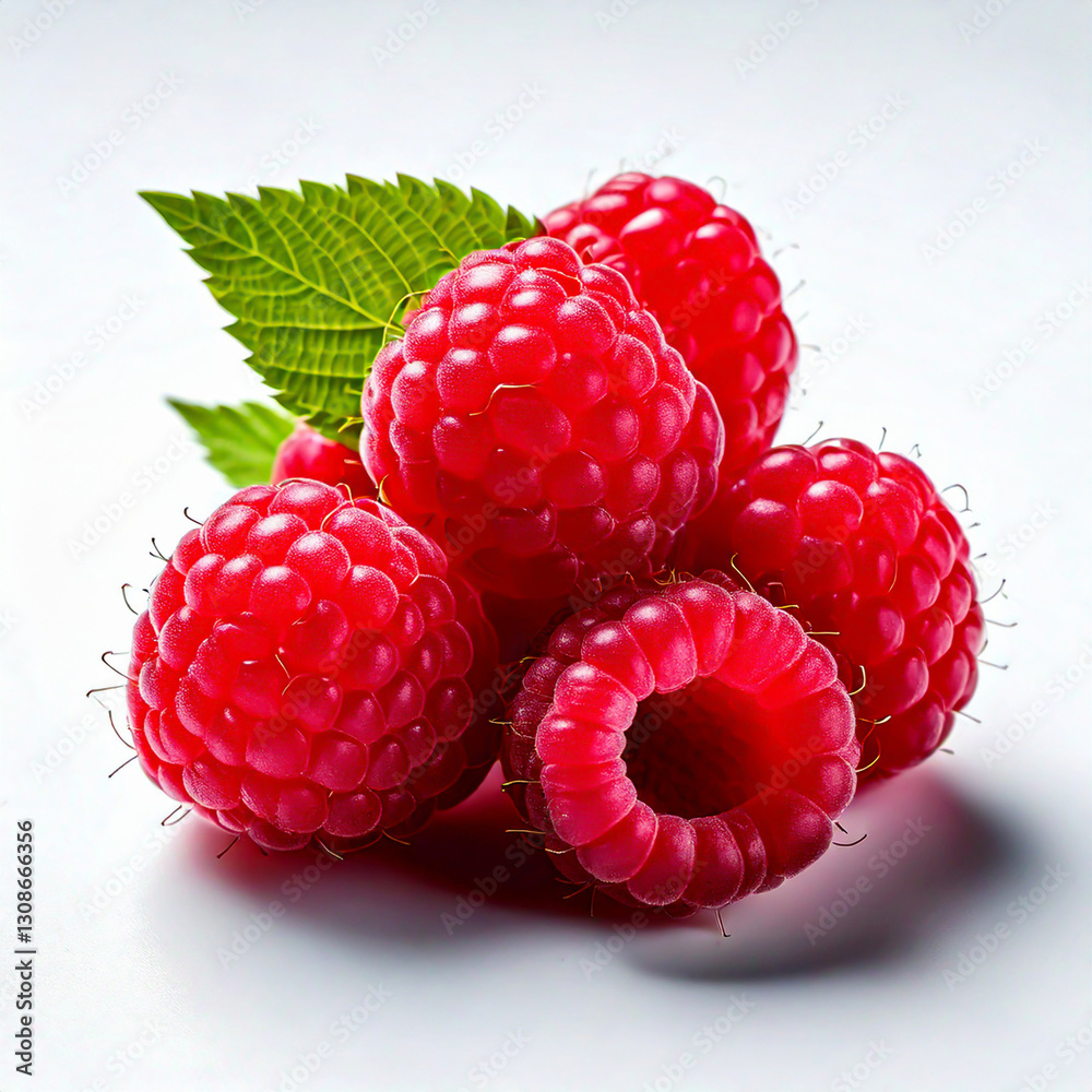 Fresh Raspberries with Green Leaves on White Background