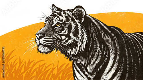 Canvas Print Illustration of tiger with grass against yellow background