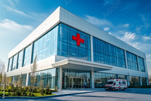 Ambulance waiting outside a modern hospital building on a sunny day