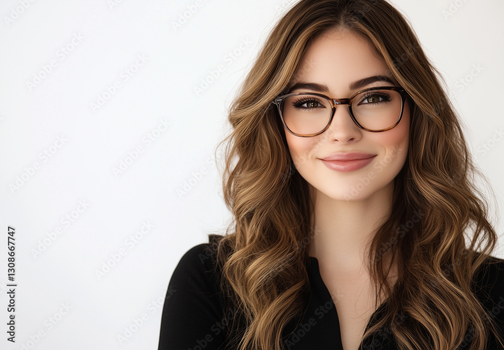 Smiling Young Woman with Glasses, Long Wavy Brunette Hair, Studio Portrait on White Background Smiling Young Woman with Glasses, Long Wavy Brunette Hair, Studio Portrait on White Background