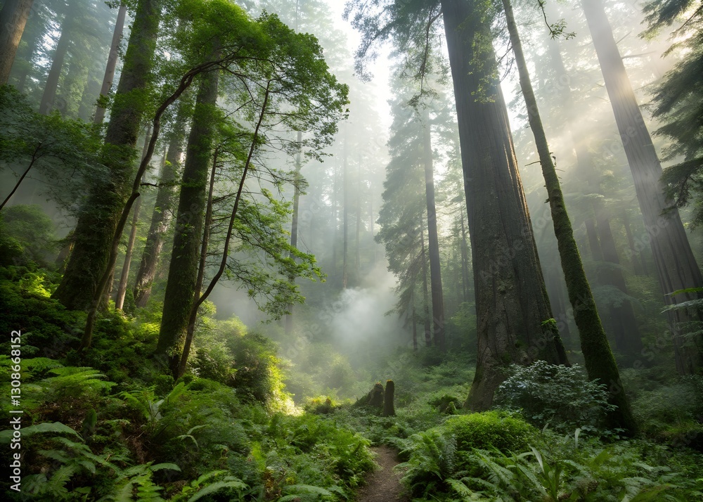 Obraz premium Misty Forest Pathway with Sunlight Filtering Through Trees