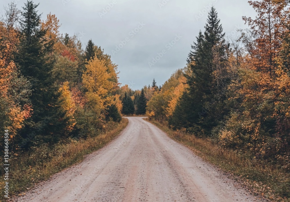Fototapeta premium Serene autumnal road through colorful forest.