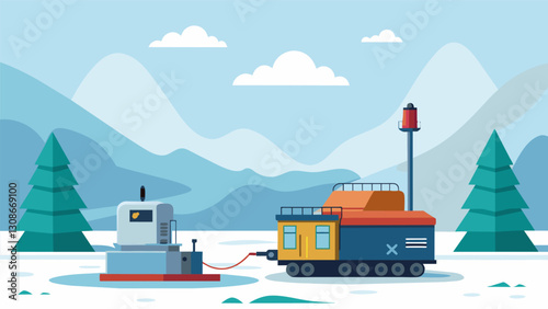 The steady hum of a diesel engine serving as the main power source for a remote research station in a frozen tundra.. Vector illustration