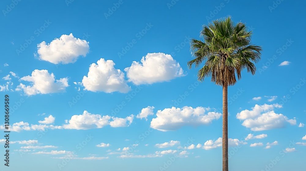 Lone palm tree against a vibrant blue sky dotted with fluffy white clouds. Lone palm tree against a vibrant blue sky dotted with fluffy white clouds.