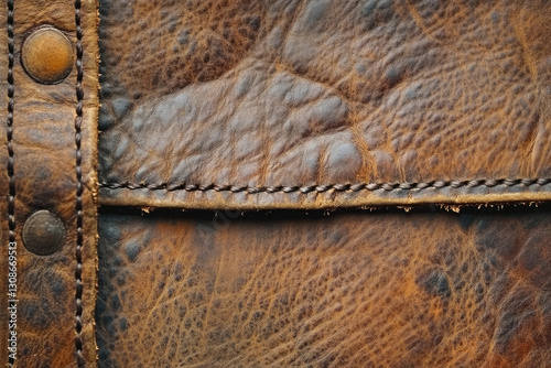 Close-up of brown leather texture with stitching and metal rivets, showing its age and craftsmanship.
