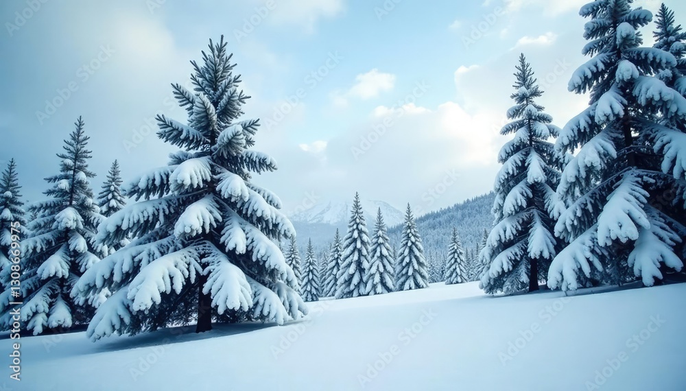 Naklejka premium Pine trees covered in heavy blanket of snow, branches stretching towards sky, snow, winter wonderland
