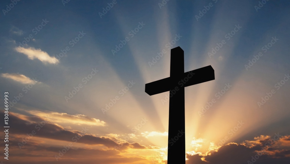 A striking cross silhouette stands against a vibrant sunset. Rays of golden light emerge from behind the clouds, creating a serene atmosphere of reflection and hope A striking cross silhouette stands against a vibrant sunset. Rays of golden light emerge from behind the clouds, creating a serene atmosphere of reflection and hope