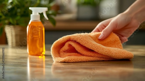 A hand holding a microfiber cloth, cleaning a polished surface with a bottle of all-purpose cleaner beside it, representing the simplicity and effectiveness of cleaning tools for housekeeping