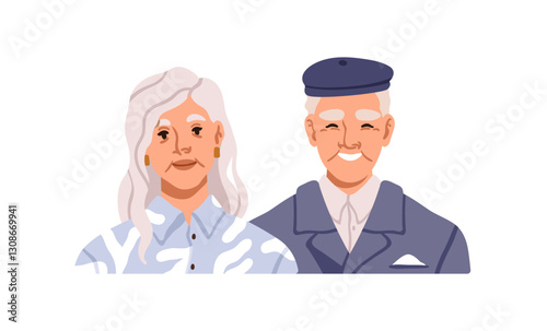 Senior couple. Happy old aged man and woman, head portrait. Elderly gray-haired people, family. Retired mature spouses, grandparents smiling. Flat vector illustration isolated on white background