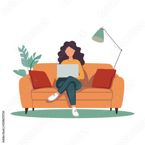 Girl with a laptop is sitting on the couch. A freelancer or a student. Cute illustration in a flat style.