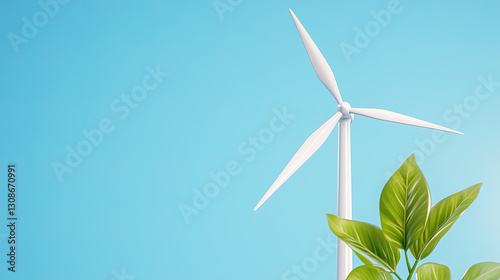 a modern wind turbine standing tall beside fresh, green leaves against a vibrant blue sky, symbolizing sustainable energy and environmental responsibility