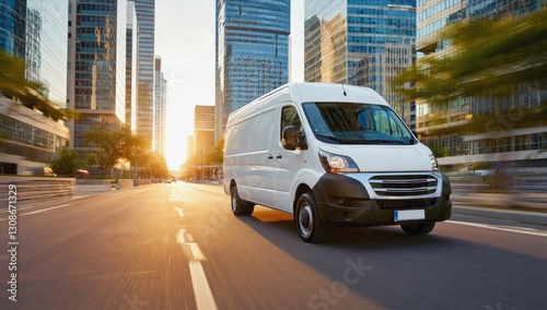 A delivery van navigates a busy city road during sunset. Tall buildings create a modern skyline while the warm daylight casts long shadows on the pavement