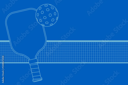 pickleballs and pickleball paddle and whiffle ball with net on blule background, sports courts vector illustration, no people. sport outdoor recreational.