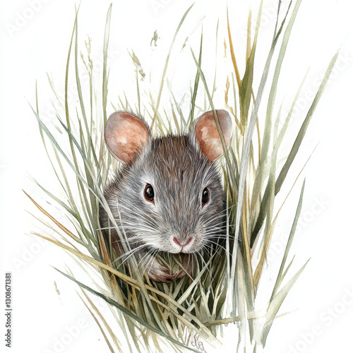 Illustration painted in realistic style, little mouse in grass looking