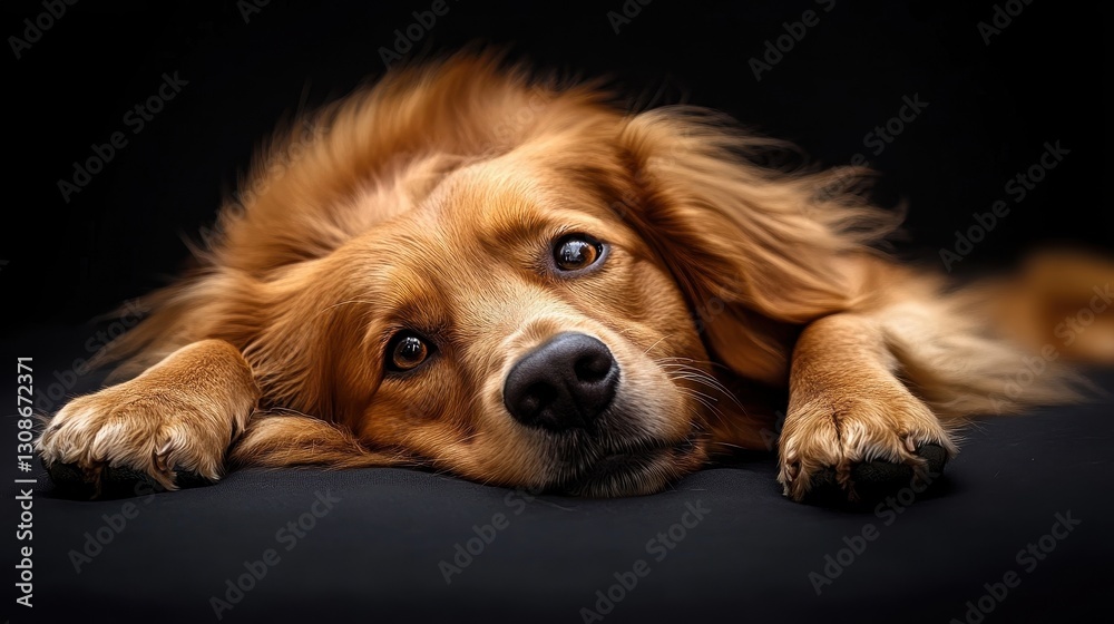 Golden retriever relaxing on black background with floppy ears and gentle expression Golden retriever relaxing on black background with floppy ears and gentle expression