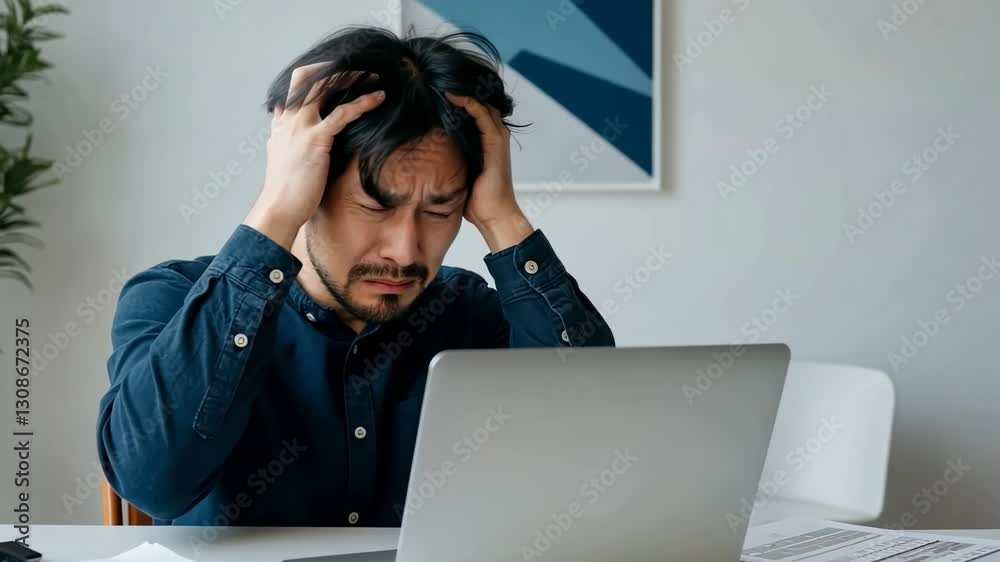 Frustrated man at desk with laptop: stressful work moment in office setting Frustrated man at desk with laptop: stressful work moment in office setting