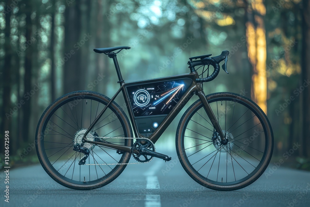 Cyclist's road bike equipped with navigation that projects on the road.