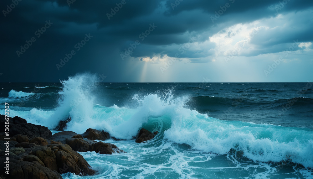 Powerful ocean storm with dramatic waves crashing against rocks, intensity Powerful ocean storm with dramatic waves crashing against rocks, intensity