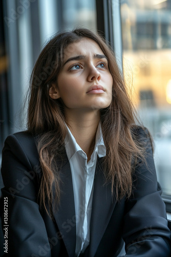 Sad girl in business suit sits by the window in office space